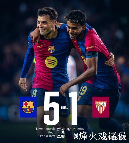 巴萨5-3逆转！西甲6连胜+4分领跑积分榜 费兰帽子戏法 亚马尔点射